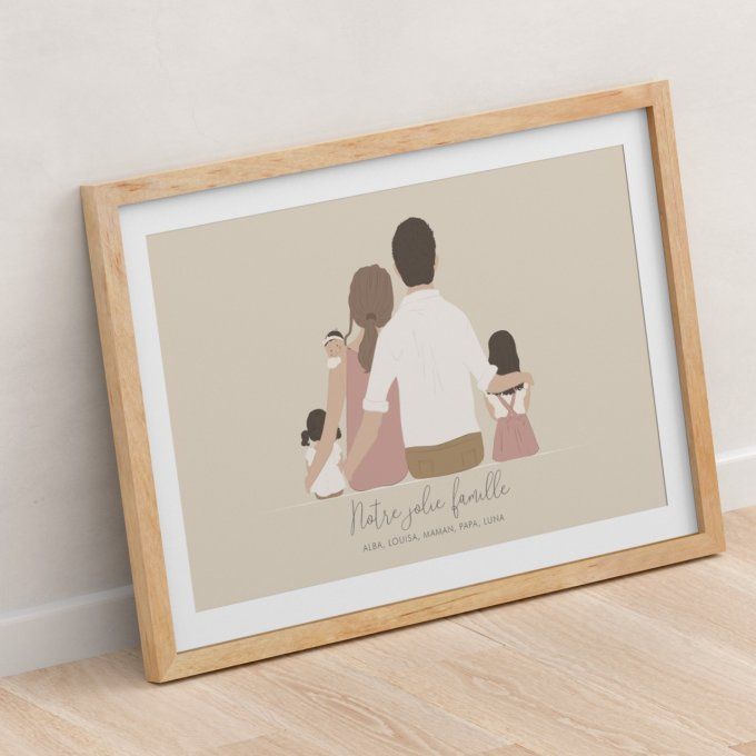 Famille parents - bébé - 2 filles - aplats couleurs