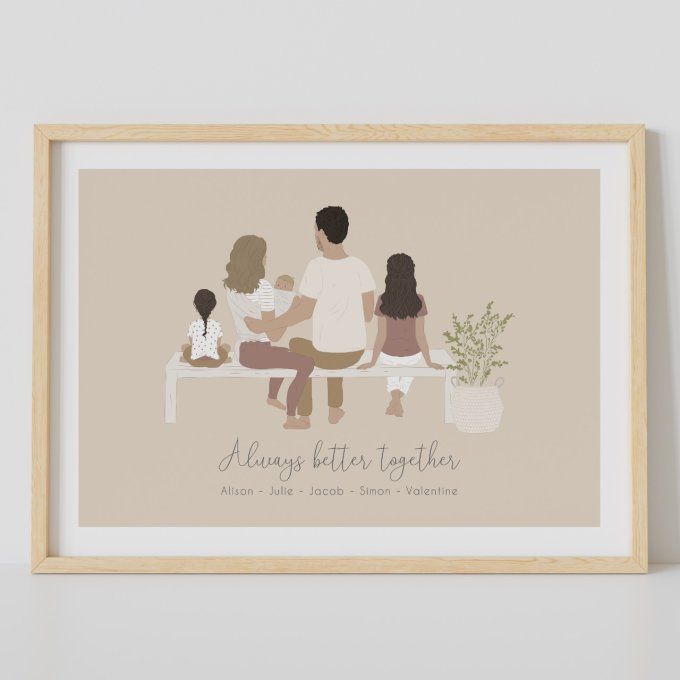 Famille sur banc - Aplats de couleurs