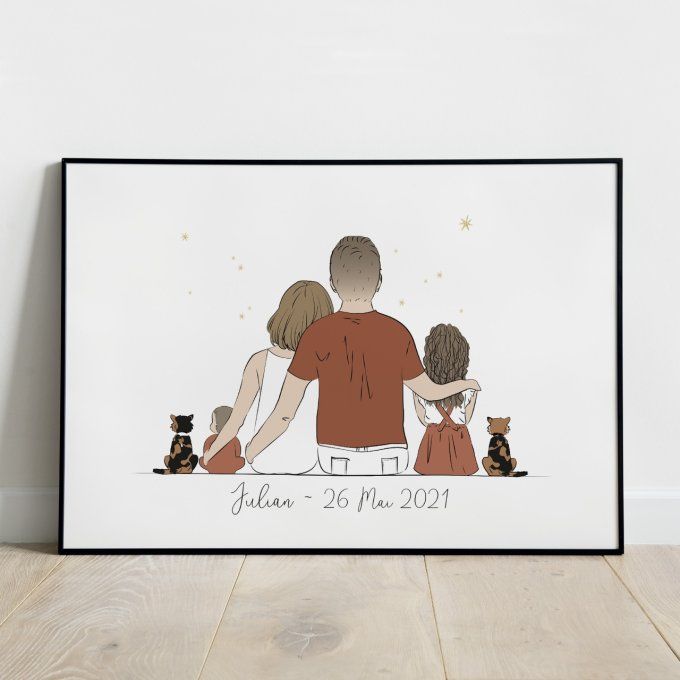 Famille parents, bébé assis, fille & chats